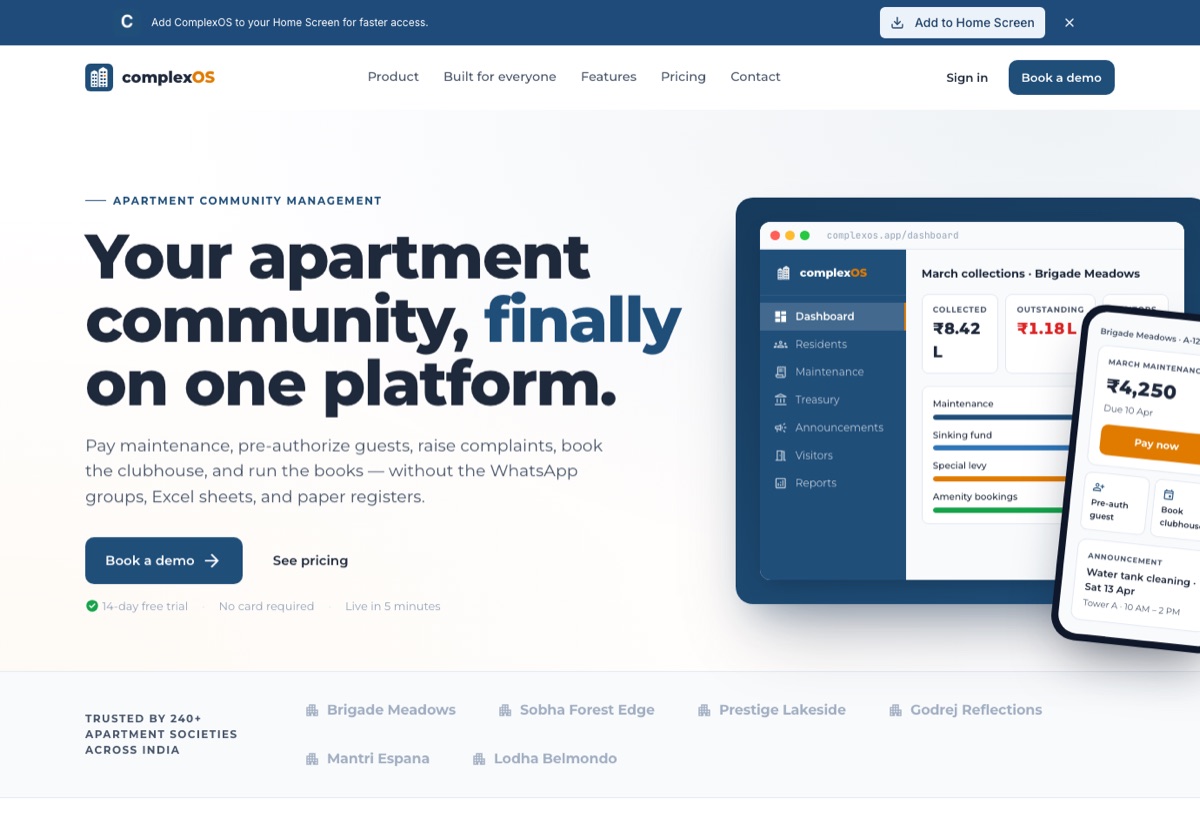 ComplexOS landing page — apartment community management platform showing a society dashboard with collections, maintenance, and visitor metrics