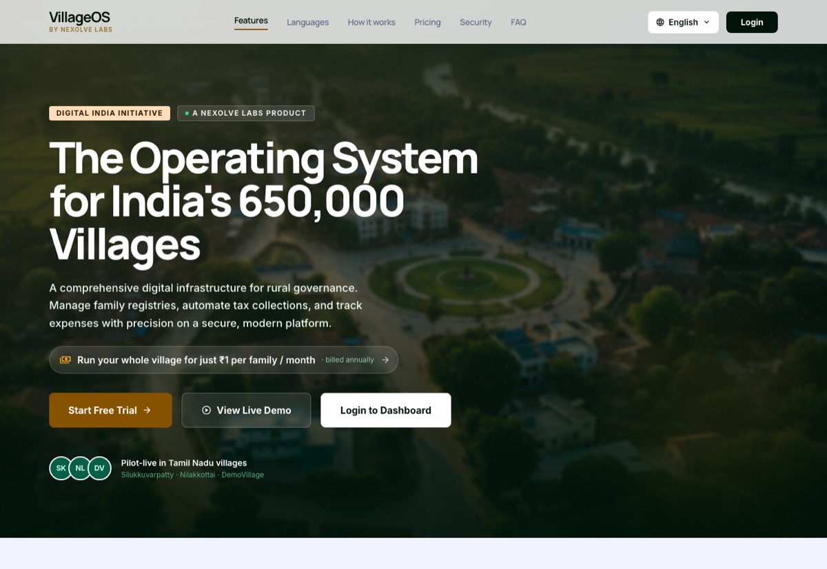 VillageOS landing page — The Operating System for India's 650,000 Villages, with pricing of ₹1 per family per month and pilot villages in Tamil Nadu